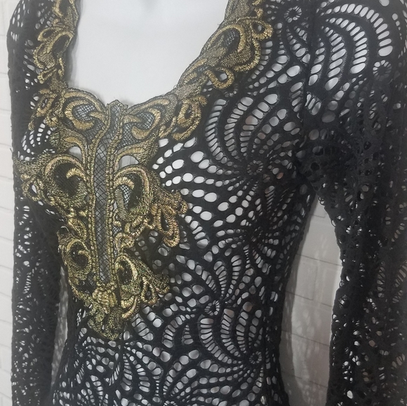 Black Lace w/ Gold Sheer Mesh Shirt - Picture 2 of 6